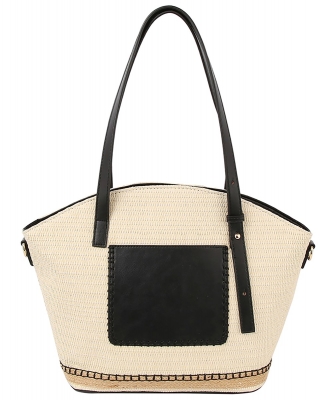 Straw Frong Pocket Satchel Tote Bag LQ337-Z BLACK